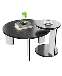 Streamdale Furniture 32.68" & 16.93" Round Coffee/End Table Set - Black Oak Veneer, Sintered Stone Legs