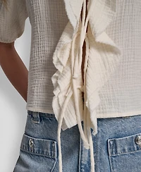 Dkny Jeans Petite Puff Short-Sleeve Tie Front V-Neck Shirt