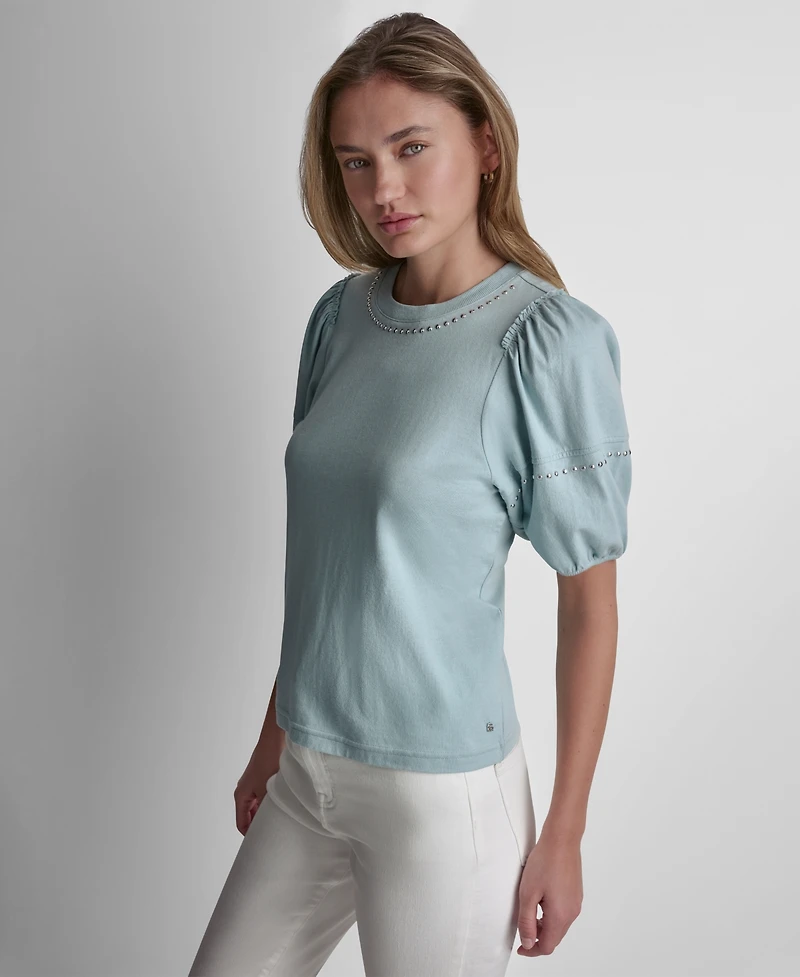 Dkny Jeans Petite Dome Studs Mini Ruffle Puff-Sleeve Crewneck T-Shirt