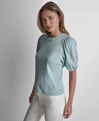 Dkny Jeans Petite Dome Studs Mini Ruffle Puff-Sleeve Crewneck T-Shirt