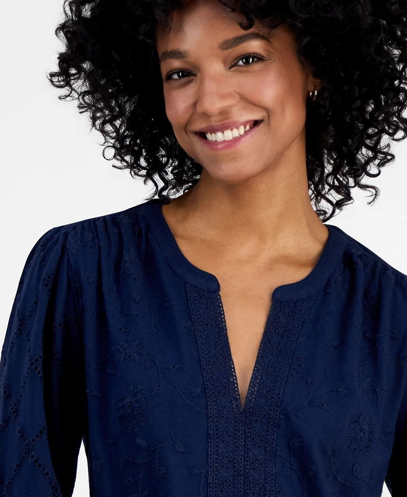 Style & Co Women's Split-Neck Eyelet-Embroidered Top, Exclusively at Macy's