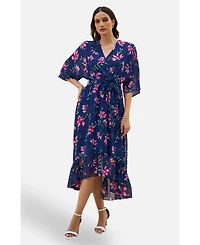 Yumi Women's Floral Kimono Wrap Dipped Hem Midi Dress