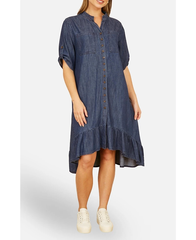 Yumi Women's Denim Dip Hem Relaxed Fit Shirt Dress