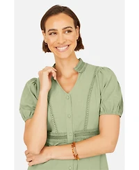 Yumi Women's Cotton Lace Trim Skater Shirt Dress