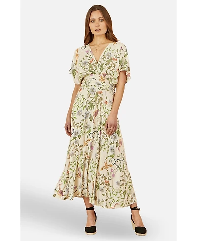 Yumi Women's Floral Print Ruched Waist Midi Dress
