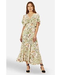 Yumi Women's Floral Print Ruched Waist Midi Dress