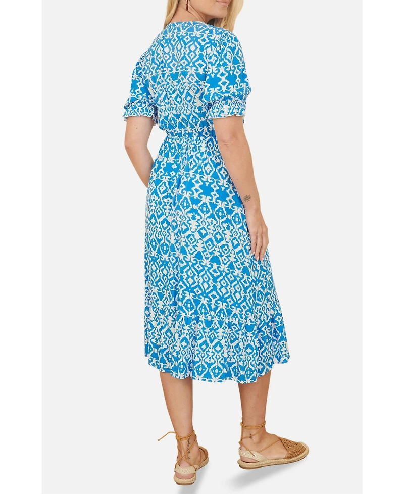 Yumi Women's Geometric Print Puff Sleeve Midi Dress