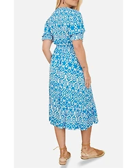 Yumi Women's Geometric Print Puff Sleeve Midi Dress