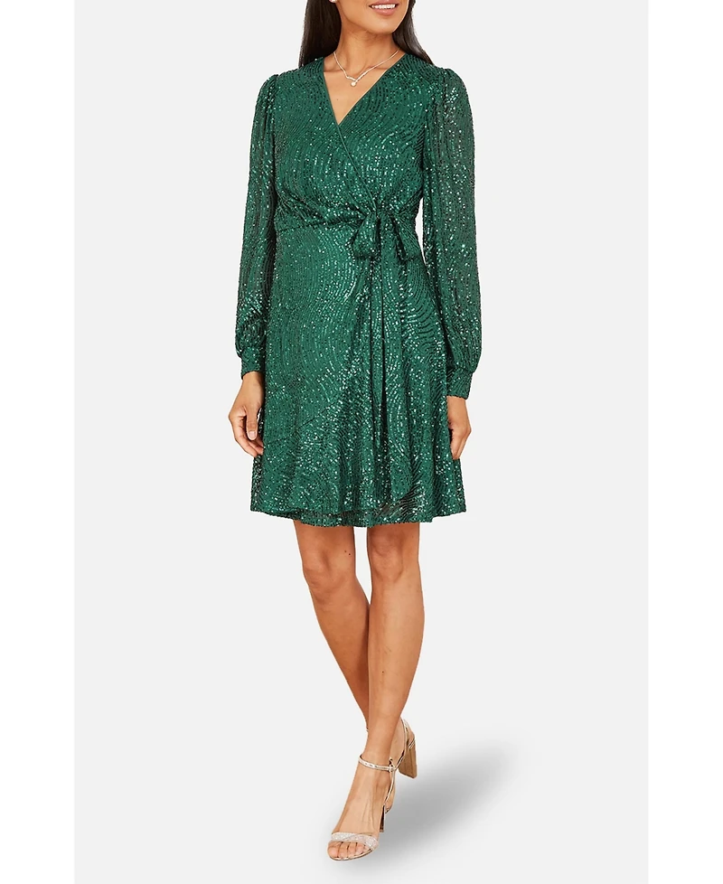 Yumi Women's Sequin Long Sleeve Frill Wrap Dress