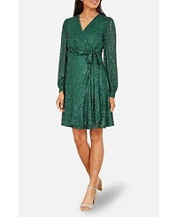 Yumi Women's Sequin Long Sleeve Frill Wrap Dress