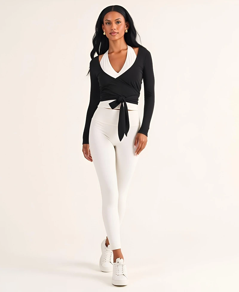 Modenaire Women's Wrap Front Long Sleeve Tie-Waist Crop Top