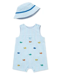 Little Me Baby Boys' Whale Details Sunsuit and Hat, 2-Piece Set
