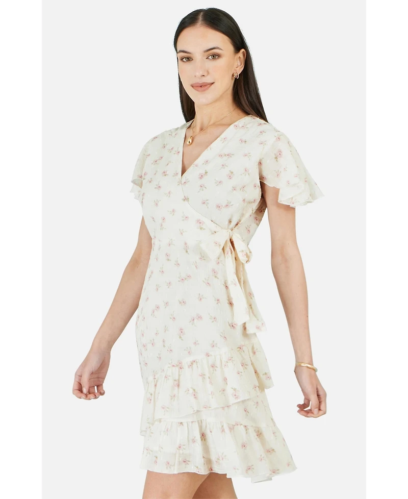 Yumi Women's Rose Print Wrap Over Frill Dress