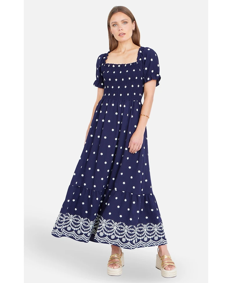 Yumi Women's Border Hemline Smocked Maxi Dress