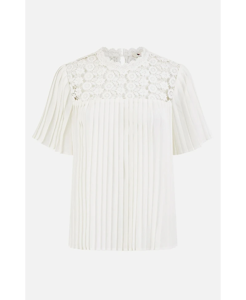 Yumi Women's Lace Panel Pleated Short Sleeve Top