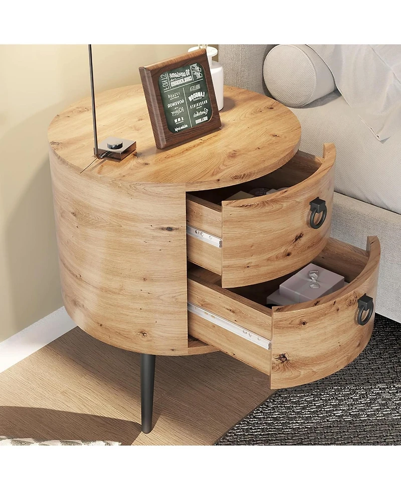 gaomon Round Side Table with Drawers Modern Night Stand with Storage Wooden Accent End Table Circle Bedside Table with Metal Legs for Living Room