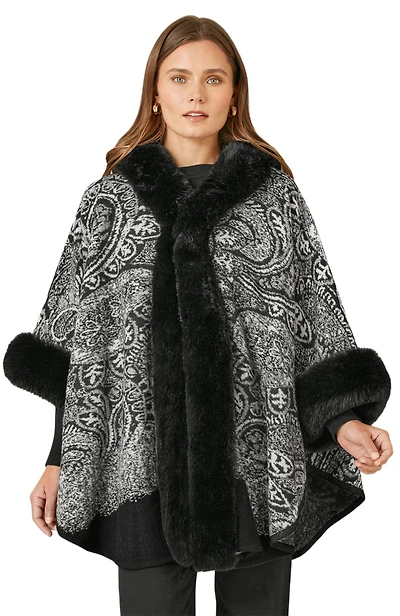 Yumi Women's Paisley Print Faux Fur Trim Cape