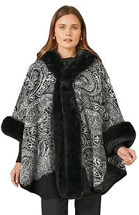 Yumi Women's Paisley Print Faux Fur Trim Cape