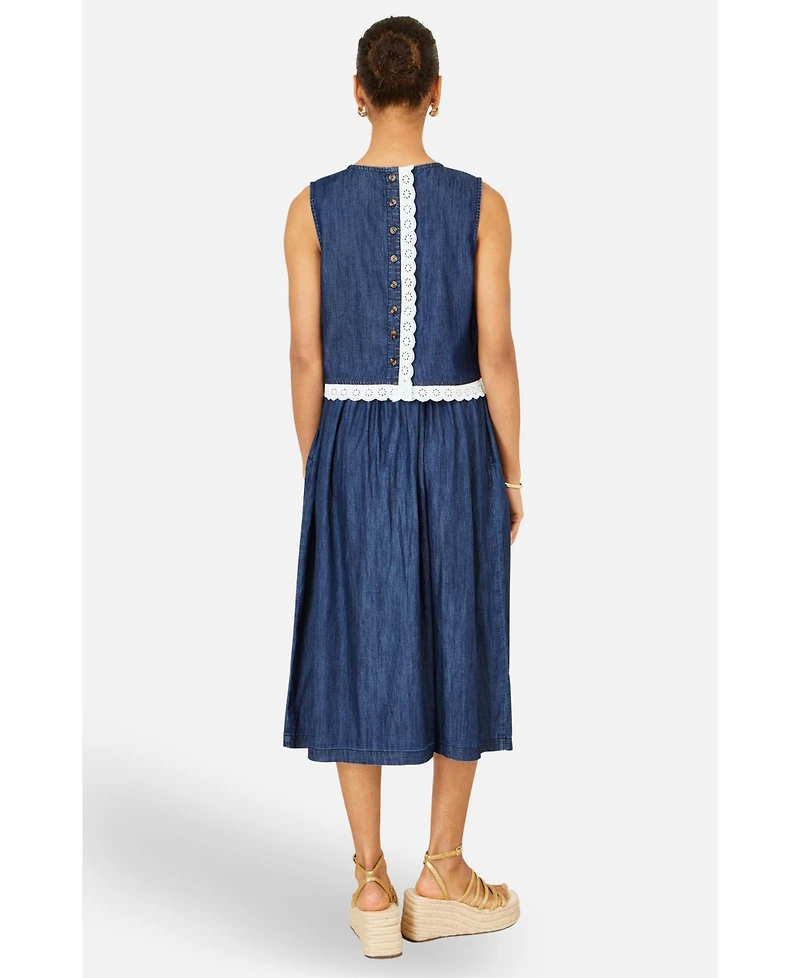 Yumi Women's Cotton Chambray Lace Trim Top