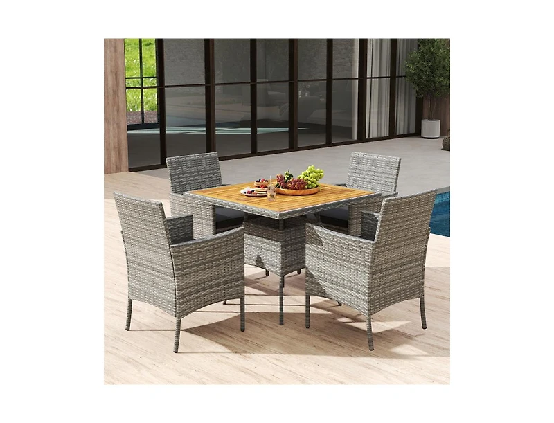 Slickblue Outdoor 5-Piece Wicker Dining Set with Acacia Wood Table