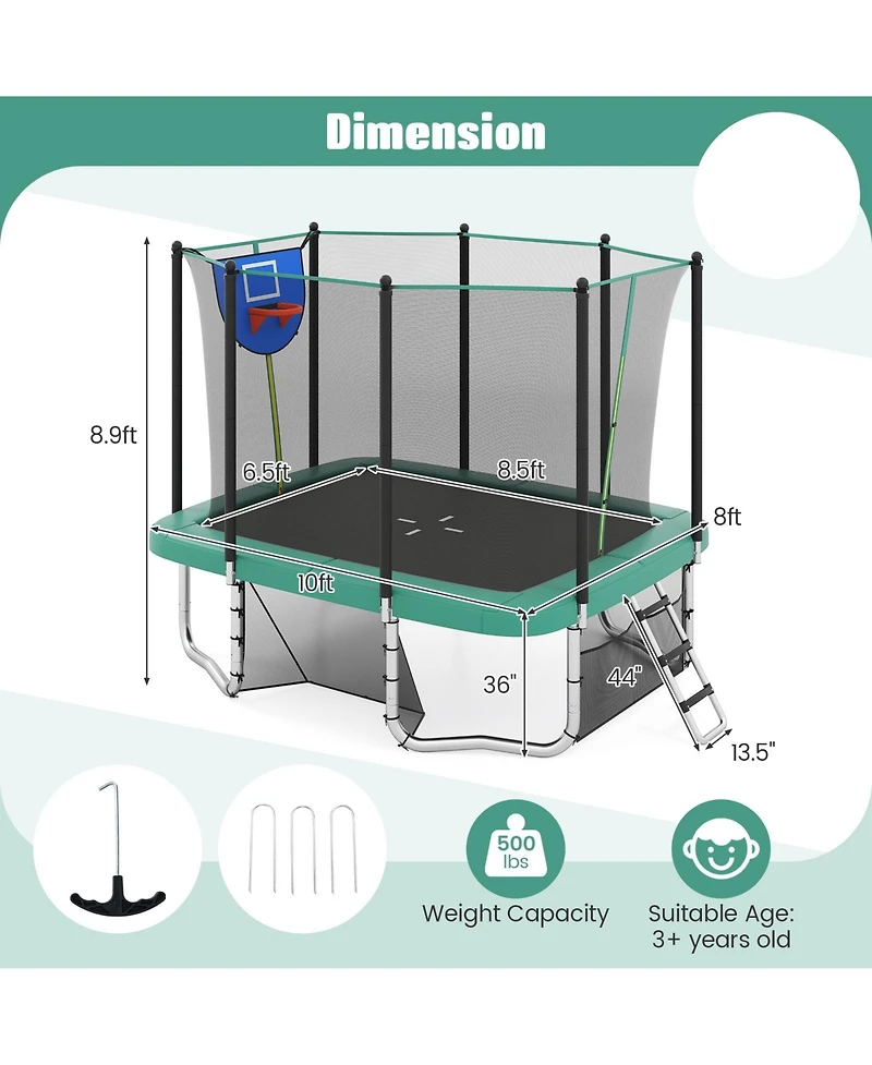 Slickblue 10x8 Ft Rectangle Outdoor Trampoline with Basketball Hoop