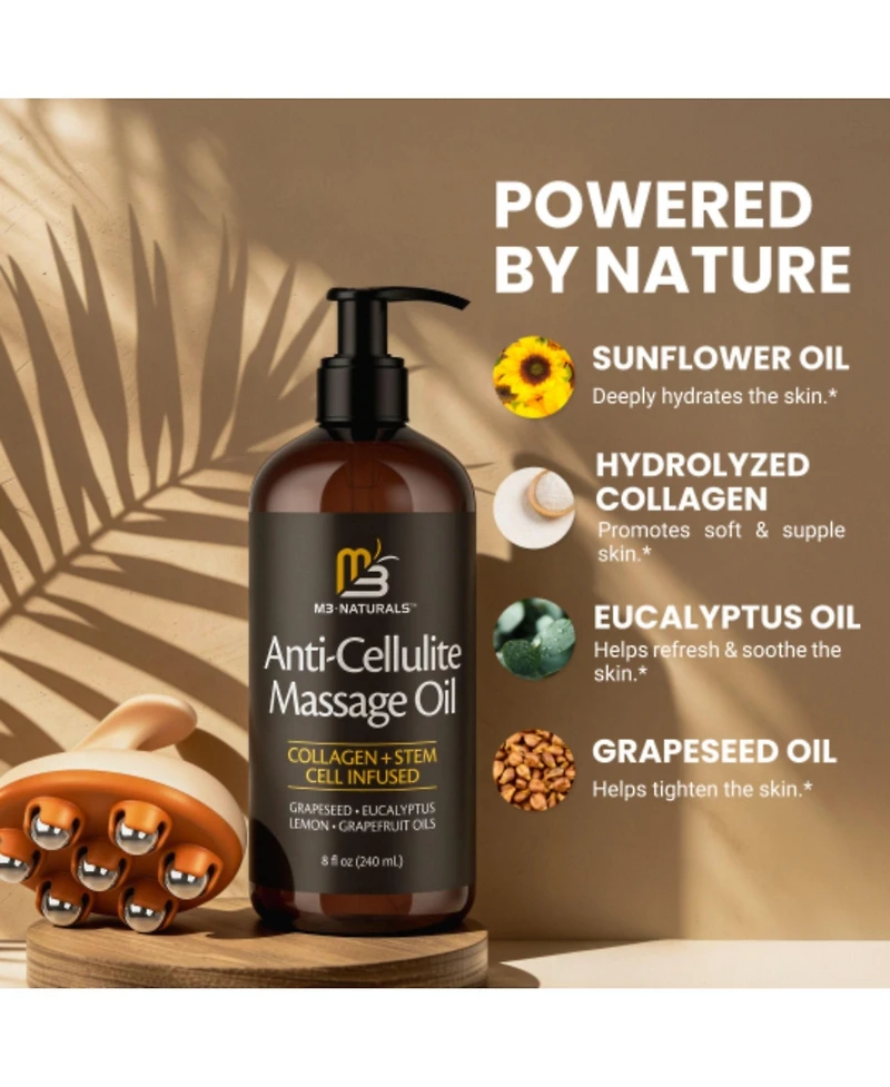 M3 Naturals Anti-Cellulite Massage Roller & Firming Body Massage Oil Bundle With Collagen & Stem Cell Cellulite roller for thighs & glutes Bundle