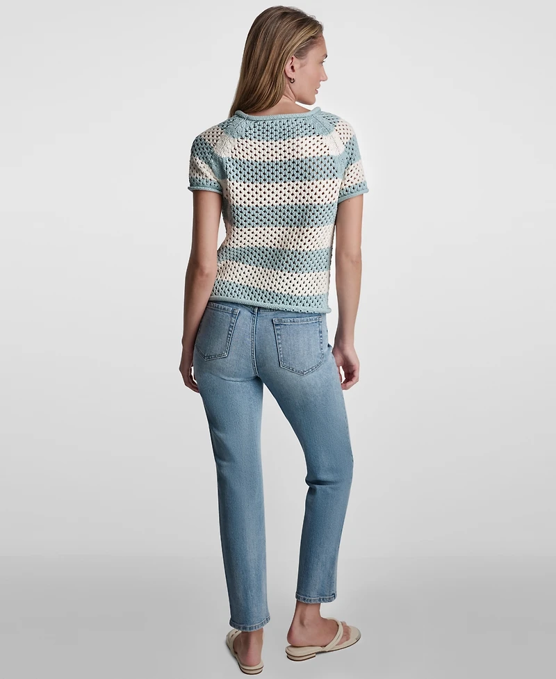 Dkny Jeans Petite Short-Sleeve Raglan Stripe Crewneck Pointelle Sweater