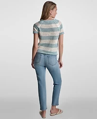 Dkny Jeans Petite Short-Sleeve Raglan Stripe Crewneck Pointelle Sweater