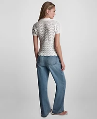 Dkny Jeans Petite Short-Sleeve V-Neck Polo Pointelle Sweater