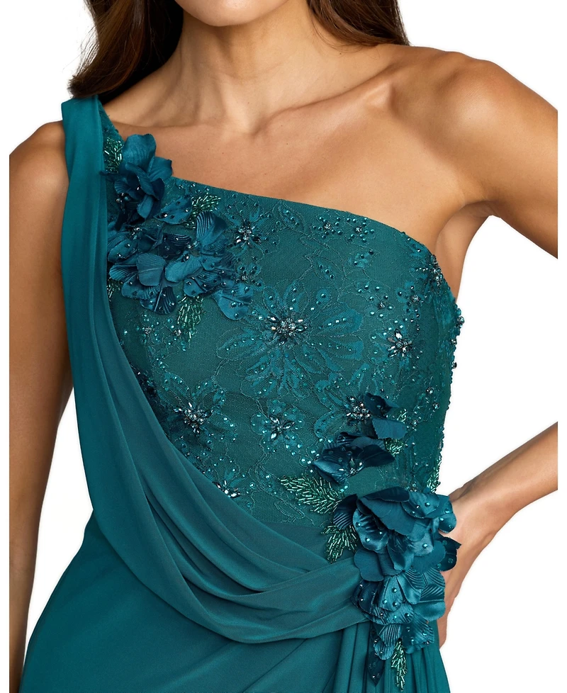 Mac Duggal Women's Jersey One Shoulder Cowl Gown With 3D Flowers