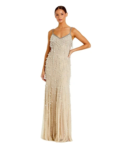 Mac Duggal Women's V-Neck Net Gown with Thin Straps and Elegant Embellishments