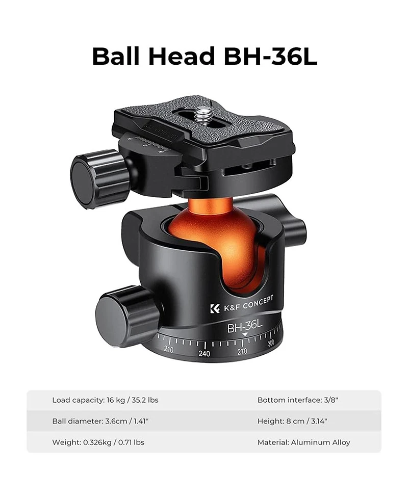 KandF Concept Bh-36L 36mm Aluminum Alloy Panoramic Tripod Ball Head with Quick Release Plate