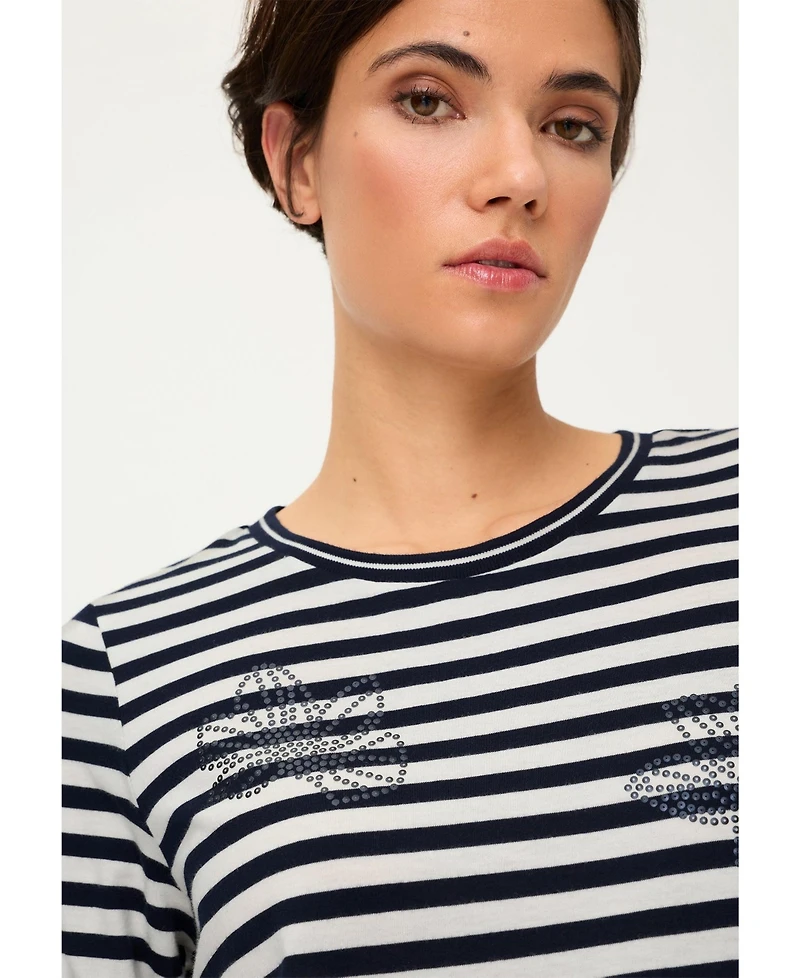 Olsen Women's Striped with Sequin Floral Embellishment T-Shirt