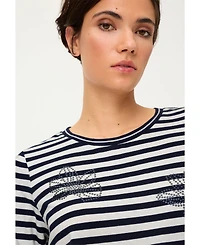 Olsen Women's Striped with Sequin Floral Embellishment T-Shirt