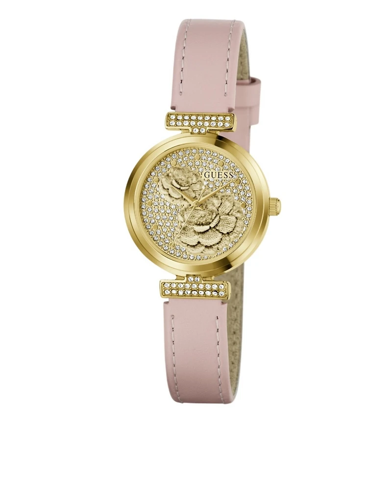 Guess Women's Gold-Tone Stainless Steel Pink Leather Analog Watch, 28mm