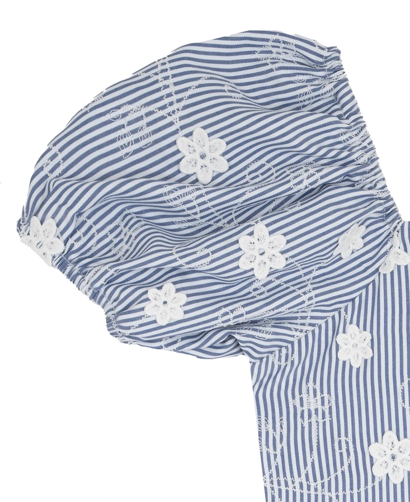 Rare Editions Big Girl 7-16 Striped Embroidered Puff Sleeve Ruffle Hem Dress