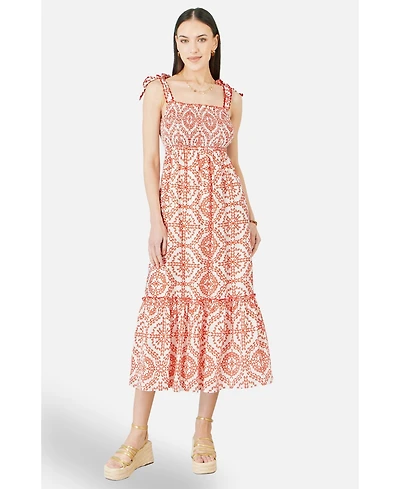Yumi Women's Viscose Ruched Tie Strap Midi Sun Dress