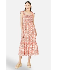 Yumi Women's Viscose Ruched Tie Strap Midi Sun Dress