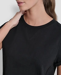 Dkny Sport Women's Embroidered Crewneck Logo Roll-Sleeve Top