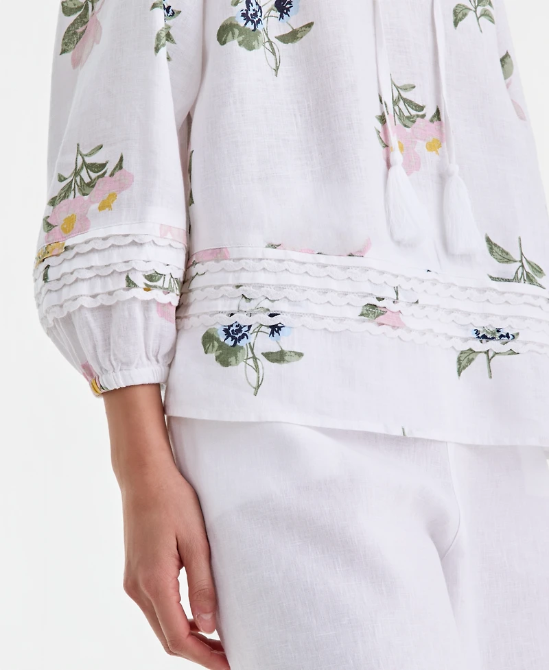 Charter Club Women's 100% Linen Crochet-Trim Tie-Neck Top, Macy's Exclusive