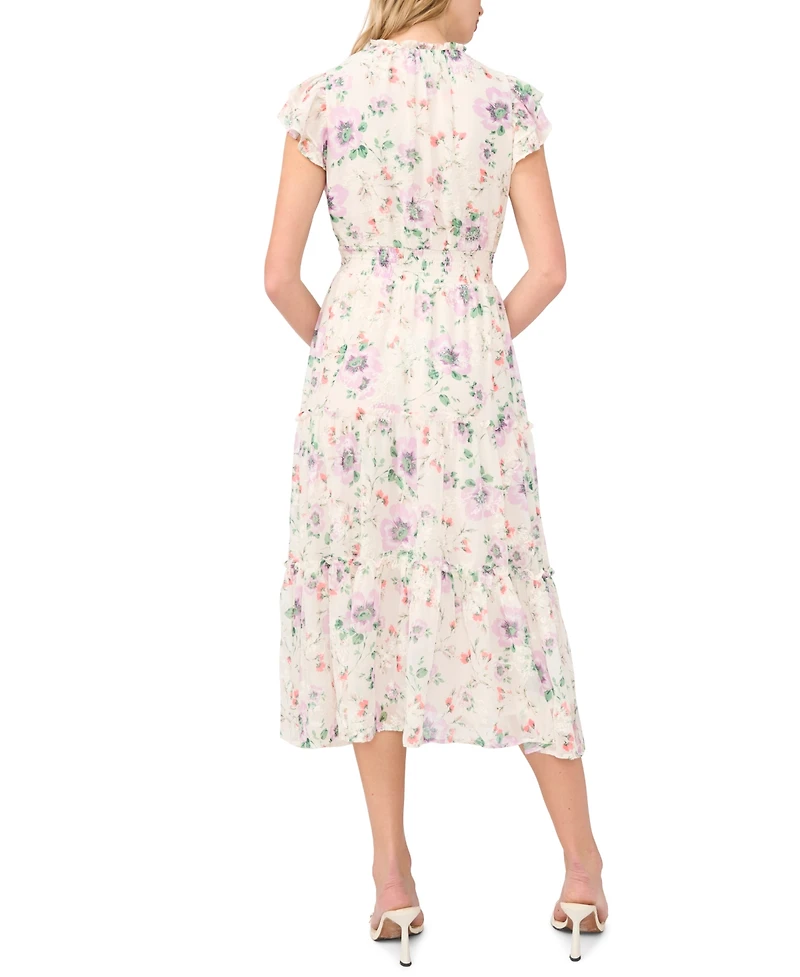 CeCe Women's Flutter-Sleeve Smocked Waist Split-Tie Neck Tiered Maxi Dress