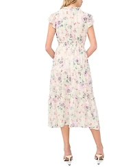 CeCe Women's Flutter-Sleeve Smocked Waist Split-Tie Neck Tiered Maxi Dress