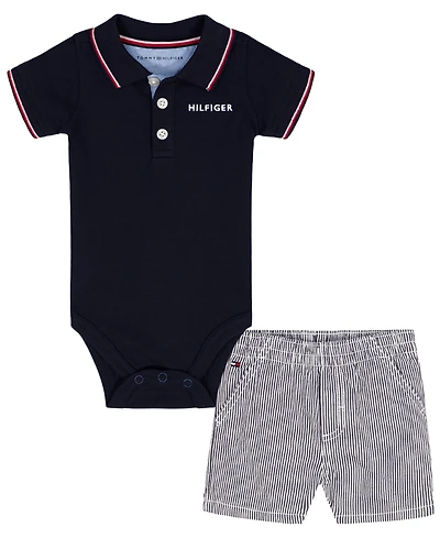 Tommy Hilfiger Baby Boys' Striped Trim Pique bodysuit and Corded Shorts