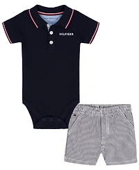 Tommy Hilfiger Baby Boys' Striped Trim Pique bodysuit and Corded Shorts