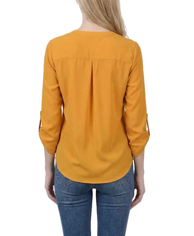 Ny Collection Women's 3/4 Roll Tab Sleeve Mandarin Collar Blouse