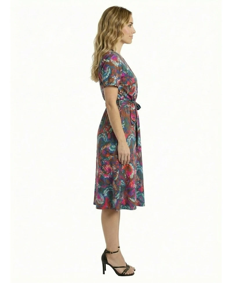 24seven Comfort Apparel Petite Paisley Print Short-Sleeve Tie Waist Dress