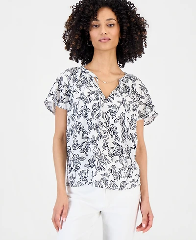 Style & Co Women's Split-Neck Flutter-Sleeve Top, Macy's Exclusive