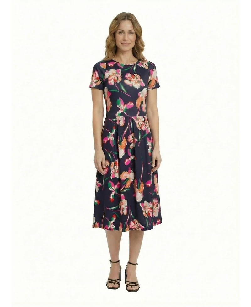 24seven Comfort Apparel Petite Floral Print Short-Sleeve Midi Dress