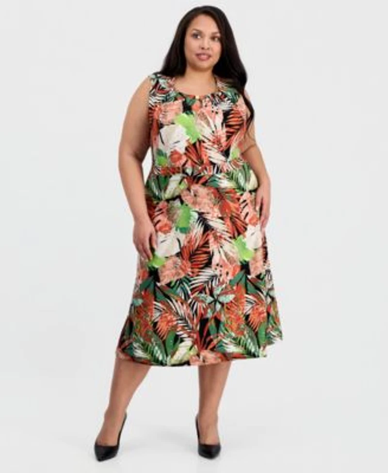 Kasper Plus Size Printed Pleat Neck Sleeveless Top Pull On Flare Midi Skirt
