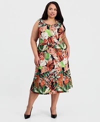 Kasper Plus Size Printed Pleat Neck Sleeveless Top Pull On Flare Midi Skirt